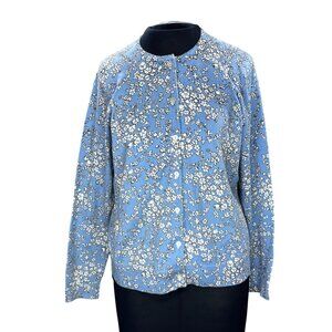 Lands End Womens Blue Floral Button-Down Cardigan Sweater S/P Cotton Blend Light